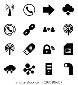 Solid vector icon set - antenna vector, phone, right arrow, download cloud, horn, link, information exchange, usb wi fi, wireless lock, sim, data, molecule, server, allen key