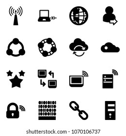 Solid vector icon set - antenna vector, notebook connect, globe, user login, social, friends, refresh cloud, stars, data exchange, wi fi, server wireless, lock, binary code, link