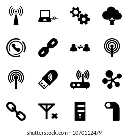 Solid vector icon set - antenna vector, notebook connect, gear, upload cloud, phone horn, link, information exchange, usb wi fi, router, molecule, no signal, server, allen key