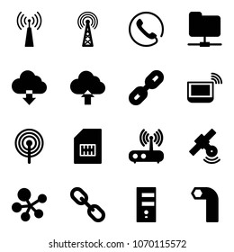 Solid vector icon set - antenna vector, phone, network folder, download cloud, upload, link, notebook wi fi, sim, router, satellite, molecule, server, allen key