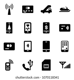 Solid vector icon set - antenna vector, credit card, trap truck, snowmobile, christmas mobile, heart monitor, payment, tap pay, phone, sim, fine signal