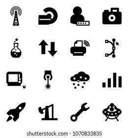 Solid vector icon set - antenna vector, mri, user password, camera, round flask, up down arrows, printer wireless, bezier, monoblock pc, laser, snow, chart, rocket, oil derrick, wrench, ufo toy