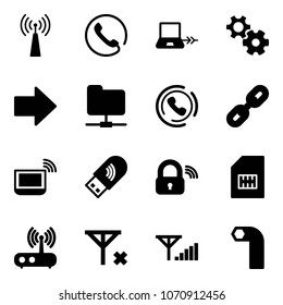 Solid vector icon set - antenna vector, phone, notebook connect, gear, right arrow, network folder, horn, link, wi fi, usb, wireless lock, sim, router, no signal, fine, allen key