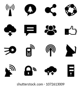 Solid vector icon set - antenna vector, merry christmas message, share, friends, download cloud, chat, group, finger up, first satellite, mobile phone, wireless lock, exchange data, server