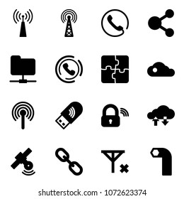 Solid vector icon set - antenna vector, phone, share, network folder, horn, puzzle, cloud, usb wi fi, wireless lock, exchange data, satellite, link, no signal, allen key