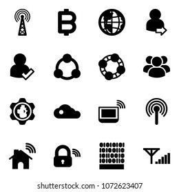 Solid vector icon set - antenna vector, bitcoin, globe, user login, check, social, friends, group, gear, cloud, notebook wi fi, wireless home, lock, binary code, fine signal