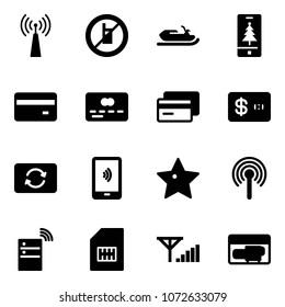 Solid vector icon set - antenna vector, no mobile sign, snowmobile, christmas, credit card, exchange, payment, star, server wireless, sim, fine signal, generator