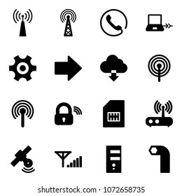 Solid vector icon set - antenna vector, phone, notebook connect, gear, right arrow, download cloud, wireless lock, sim, wi fi router, satellite, fine signal, server, allen key