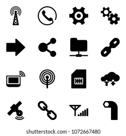 Solid vector icon set - antenna vector, phone, gear, right arrow, share, network folder, link, notebook wi fi, sim, cloud exchange data, satellite, fine signal, allen key