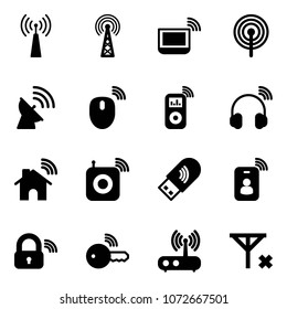 Solid vector icon set - antenna vector, notebook wi fi, satellite, mouse wireless, music player, headphones, home, speaker, usb, identity card, lock, key, router, no signal