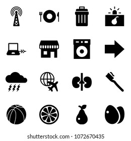 Solid vector icon set - antenna vector, plate spoon fork, trash bin, terrorism, notebook connect, duty free, right arrow, storm, plane globe, kidneys, tooth brush, basketball ball, lemon slice, pear