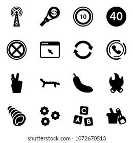 Solid vector icon set - antenna vector, money torch, speed limit 10 road sign, minimal, no stop, cursor browser, refresh, phone horn, victory, lounger, banana, fire, shell, flower, abc cube
