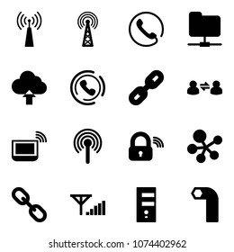 Solid vector icon set - antenna vector, phone, network folder, upload cloud, horn, link, information exchange, notebook wi fi, wireless lock, molecule, fine signal, server, allen key