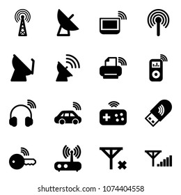 Solid vector icon set - antenna vector, satellite, notebook wi fi, printer wireless, music player, headphones, car, joystick, usb, key, router, no signal, fine