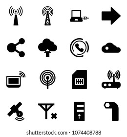 Solid vector icon set - antenna vector, notebook connect, right arrow, share, upload cloud, phone horn, wi fi, sim, router, satellite, no signal, server, allen key