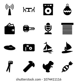 Solid vector icon set - antenna vector, cafe, christmas ball, wallet, key, microphone, jalousie, woman hat, photo, sail boat, windsurfing, plumber, screw, dinosaur toy, dart