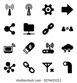 Solid vector icon set - antenna vector, gear, right arrow, share, network folder, link, information exchange, notebook wi fi, usb, router, cloud data, molecule, no signal, allen key