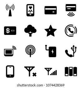 Solid vector icon set - antenna vector, mobile heart monitor, credit card, tap pay, upload cloud, star, phone horn, notebook wi fi, power bank, no signal, fine, battery