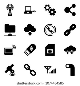 Solid vector icon set - antenna vector, notebook connect, gear, share, network folder, download cloud, phone horn, link, wi fi, usb, sim, exchange data, satellite, fine signal, allen key