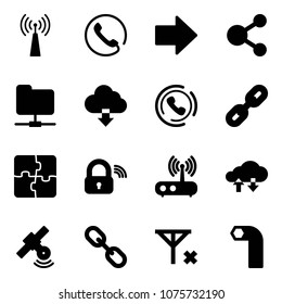 Solid vector icon set - antenna vector, phone, right arrow, share, network folder, download cloud, horn, link, puzzle, wireless lock, wi fi router, exchange data, satellite, no signal, allen key