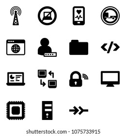 Solid vector icon set - antenna vector, no computer sign, mobile heart monitor, trailer road, browser globe, user password, folder, tag code, statistics, data exchange, wireless lock, cpu, server