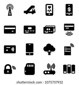 Solid vector icon set - antenna vector, trap truck, mobile heart monitor, payment, credit card, tap pay, phone, upload cloud, server wireless, lock, micro flash, wi fi router, battery
