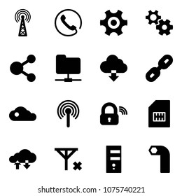 Solid vector icon set - antenna vector, phone, gear, share, network folder, download cloud, link, wireless lock, sim, exchange data, no signal, server, allen key