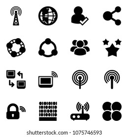 Solid vector icon set - antenna vector, globe, user check, share, friends, community, group, stars, data exchange, notebook wi fi, wireless lock, binary code, router, atom core