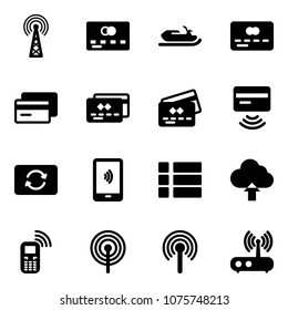 Solid vector icon set - antenna vector, credit card, snowmobile, tap pay, exchange, mobile payment, menu, upload cloud, phone, wi fi router