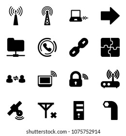 Solid vector icon set - antenna vector, notebook connect, right arrow, network folder, phone horn, link, puzzle, information exchange, wi fi, wireless lock, router, satellite, no signal, server