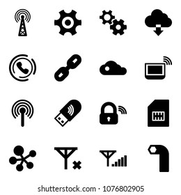 Solid vector icon set - antenna vector, gear, download cloud, phone horn, link, notebook wi fi, usb, wireless lock, sim, molecule, no signal, fine, allen key