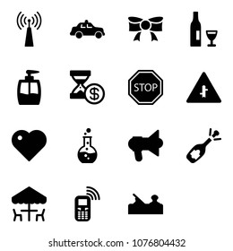 Solid vector icon set - antenna vector, safety car, bow, wine, liquid soap, account history, stop road sign, intersection, heart, round flask, megaphone, fizz opening, outdoor cafe, mobile phone