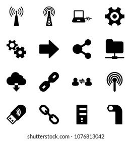 Solid vector icon set - antenna vector, notebook connect, gear, right arrow, share, network folder, download cloud, link, information exchange, usb wi fi, server, allen key