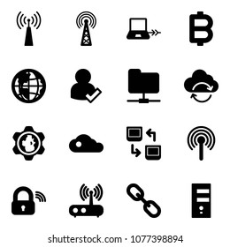 Solid vector icon set - antenna vector, notebook connect, bitcoin, globe, user check, network folder, refresh cloud, gear, data exchange, wireless lock, wi fi router, link, server