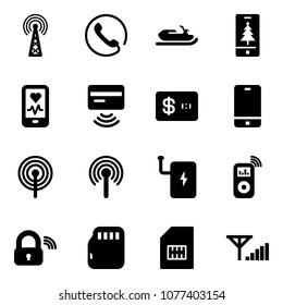 Solid vector icon set - antenna vector, phone, snowmobile, christmas mobile, heart monitor, tap pay, credit card, power bank, music player, wireless lock, micro flash, sim, fine signal