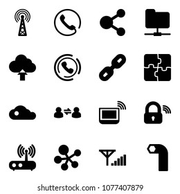 Solid vector icon set - antenna vector, phone, share, network folder, upload cloud, horn, link, puzzle, information exchange, notebook wi fi, wireless lock, router, molecule, fine signal, allen key