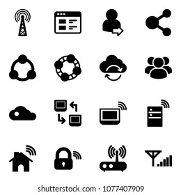 Solid vector icon set - antenna vector, website, user login, share, social, friends, refresh cloud, group, data exchange, notebook wi fi, server wireless, home, lock, router, fine signal