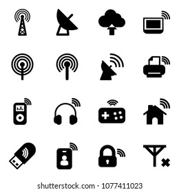 Solid vector icon set - antenna vector, satellite, upload cloud, notebook wi fi, printer wireless, music player, headphones, joystick, home, usb, identity card, lock, no signal