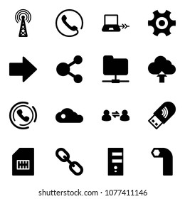 Solid vector icon set - antenna vector, phone, notebook connect, gear, right arrow, share, network folder, upload cloud, horn, information exchange, usb wi fi, sim, link, server, allen key