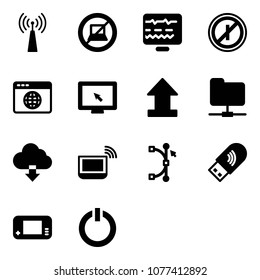 Solid vector icon set - antenna vector, no computer sign, diagnostic monitor, parkin odd, browser globe, cursor, uplooad, network folder, download cloud, notebook wi fi, bezier, usb, game console