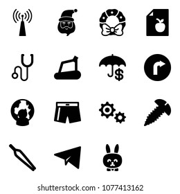Solid vector icon set - antenna vector, santa claus, christmas wreath, diet list, stethoscope, treadmill, insurance, only right road sign, man globe, swimsuit, gear, screw, forceps, paper plane
