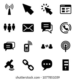 Solid vector icon set - antenna vector, cursor, website, group, mail, chat, phone horn, dialog, mobile, information exchange, satellite, link, server