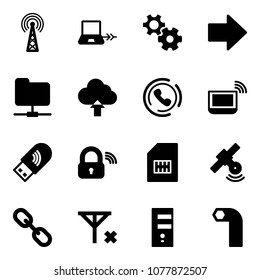 Solid vector icon set - antenna vector, notebook connect, gear, right arrow, network folder, upload cloud, phone horn, wi fi, usb, wireless lock, sim, satellite, link, no signal, server, allen key