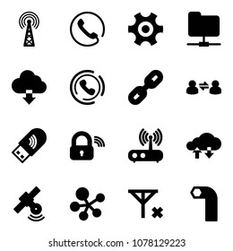 Solid vector icon set - antenna vector, phone, gear, network folder, download cloud, horn, link, information exchange, usb wi fi, wireless lock, router, data, satellite, molecule, no signal