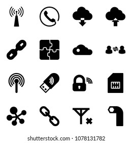 Solid vector icon set - antenna vector, phone, download cloud, upload, link, puzzle, information exchange, usb wi fi, wireless lock, sim, molecule, no signal, allen key