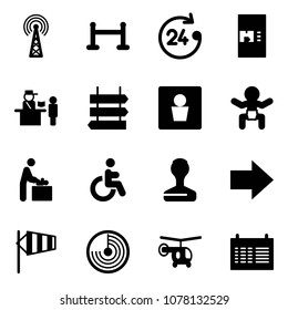 Solid vector icon set - antenna vector, vip zone, 24 hours, coffee machine, passport control, sign post, male wc, baby, room, disabled, stamp, right arrow, side wind, radar, helicopter, schedule