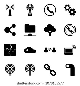 Solid vector icon set - antenna vector, phone, gear, share, network folder, upload cloud, horn, puzzle, information exchange, notebook wi fi, link, allen key