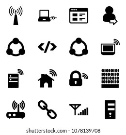 Solid vector icon set - antenna vector, notebook connect, website, user login, social, tag code, community, wi fi, server wireless, home, lock, binary, router, link, fine signal