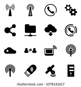 Solid vector icon set - antenna vector, phone, gear, share, network folder, download cloud, horn, information exchange, notebook wi fi, usb, satellite, server