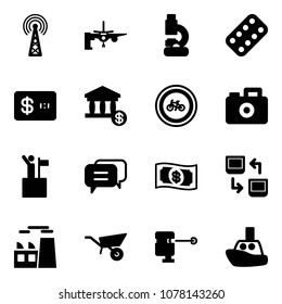 Solid vector icon set - antenna vector, boarding passengers, lab, pills blister, credit card, account, no bike road sign, camera, win, dialog, money, data exchange, plant, wheelbarrow, laser lever